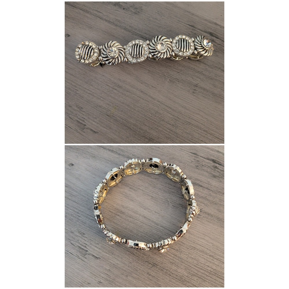 Silver Tone Rhinestone Stretch Bracelet Textured Rope Pave Crystal Link Women